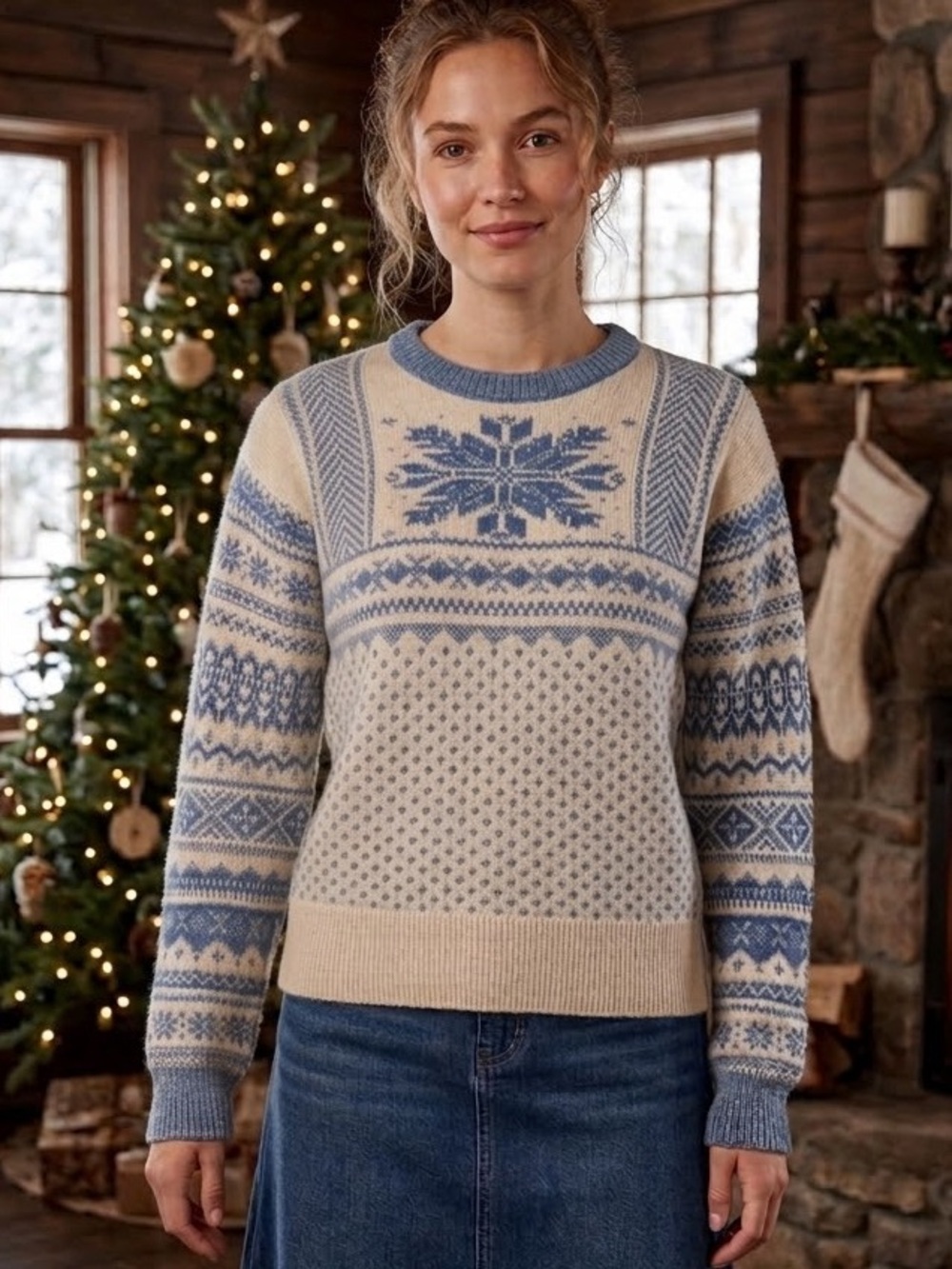 J crew Cozy Nordic Fair Isle Crewneck Sweater - Cream & Blue size small